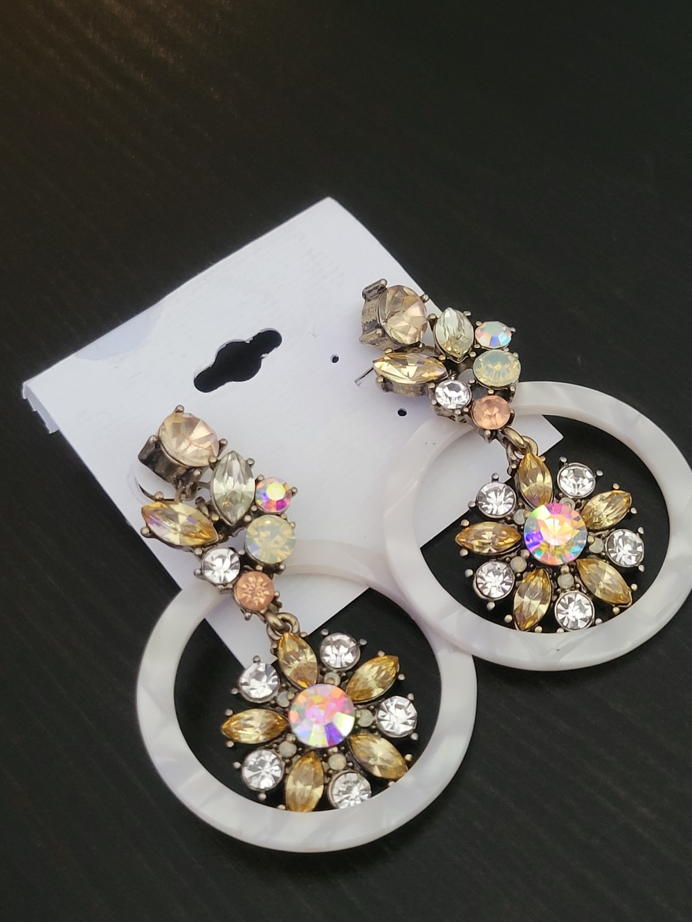Crystal Floral Hoop Drop Earrings - Gold and White